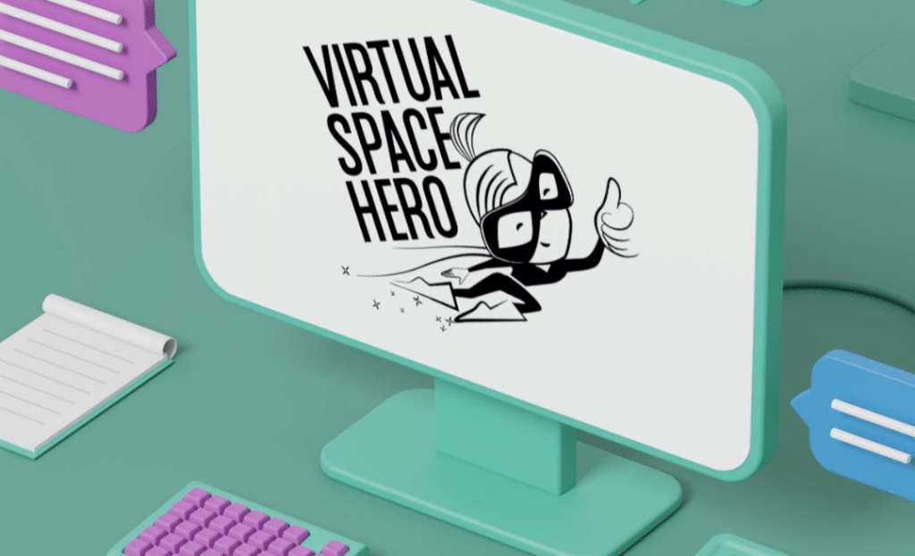 Virtual Space Hero Logo on fictional computer screen