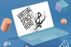 Comic style laptop showing #virtualspacehero brand logo.