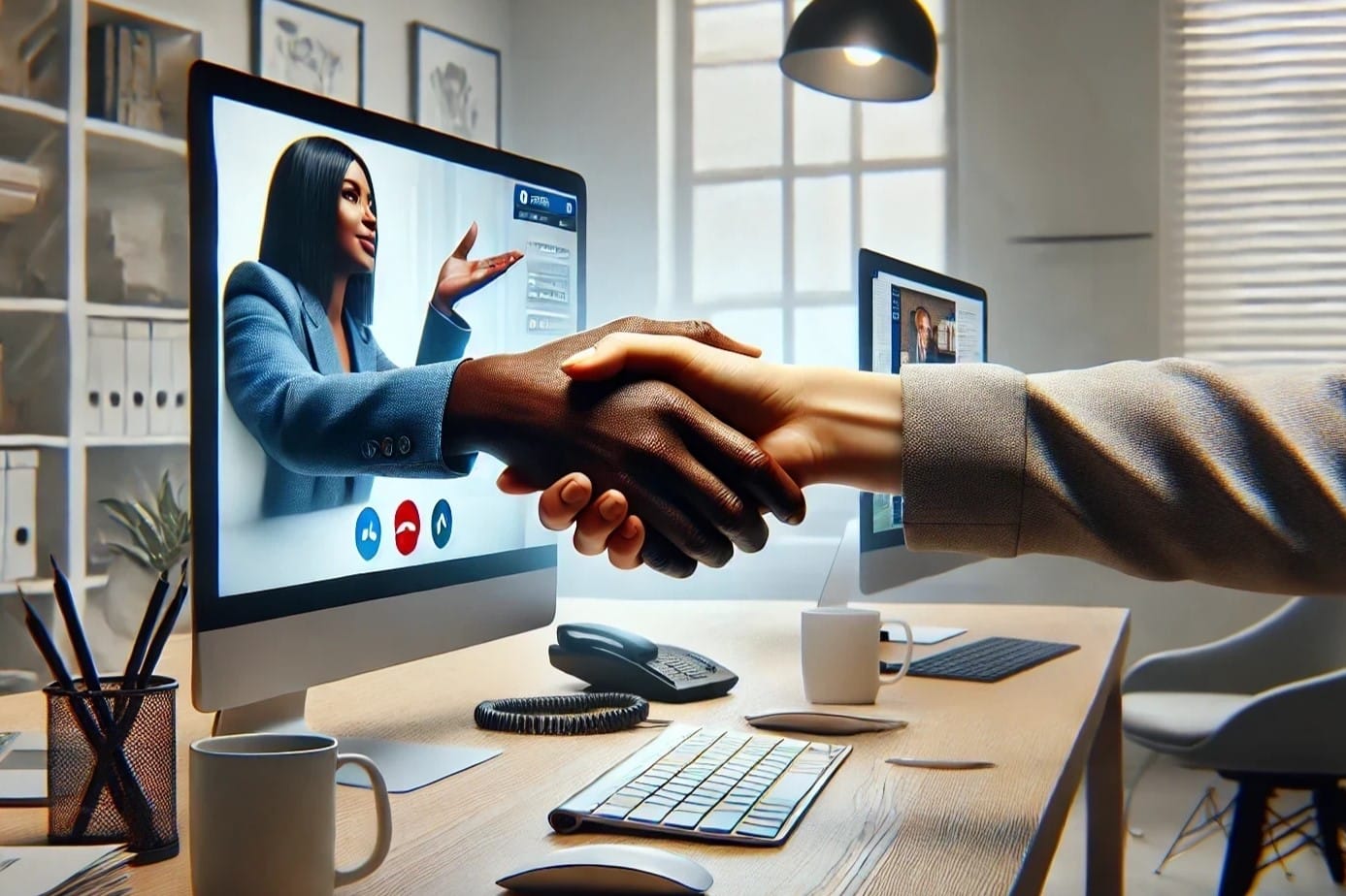 Fictional picture of an office desk. The screen shows a women in an online meeting, reaching out of the screen to give the person in the office a handshake.