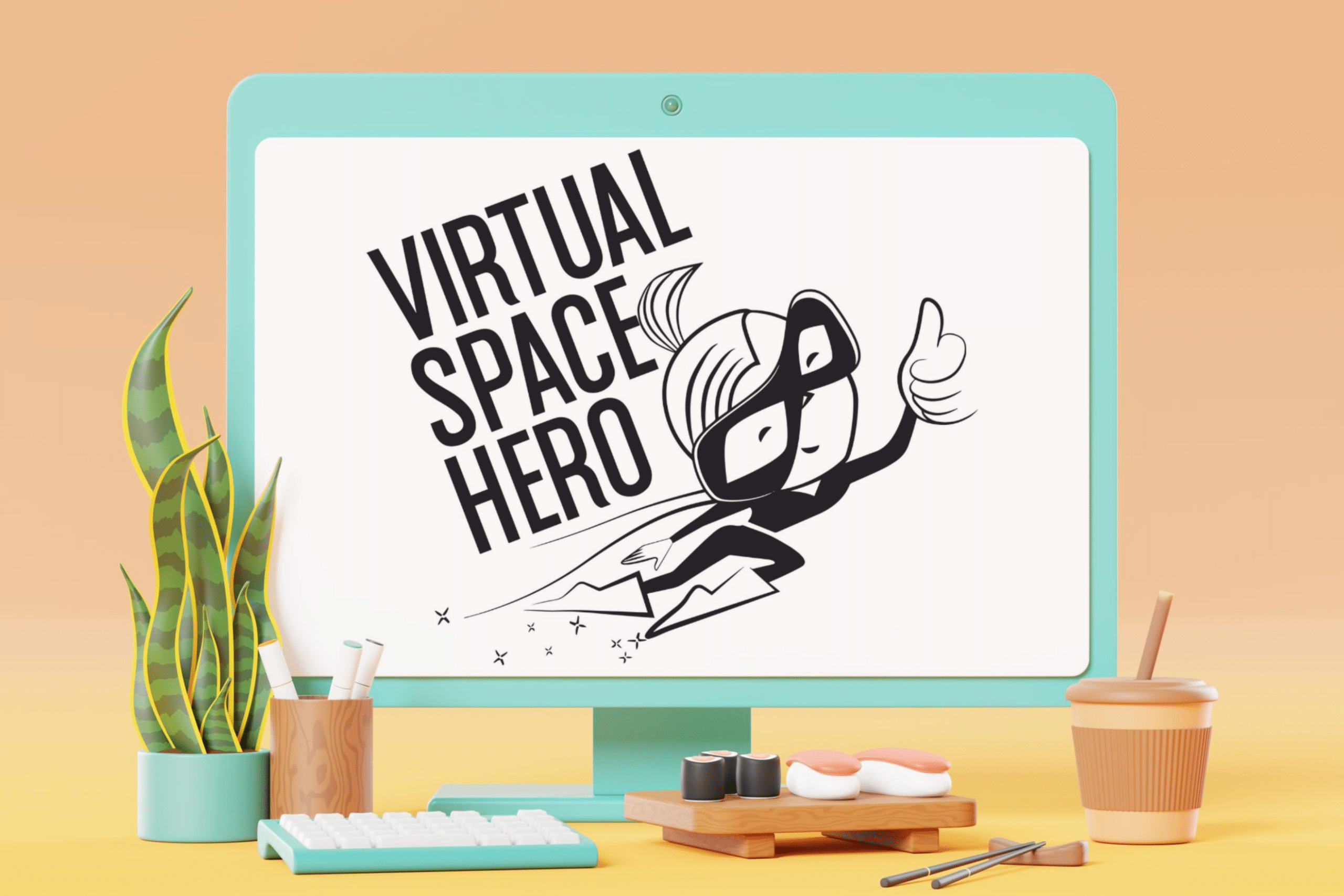 Computer Screen in a virtual space showing the #VirtualSpaceHero brand logo.